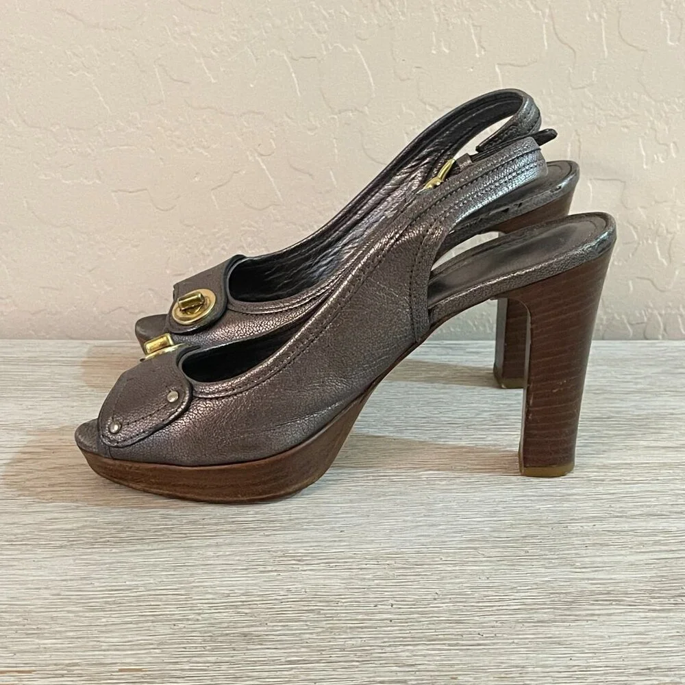 Coach Kiera Platform Heels Peeptoe Slingback Metallic Pewter Gunmetal 6.5